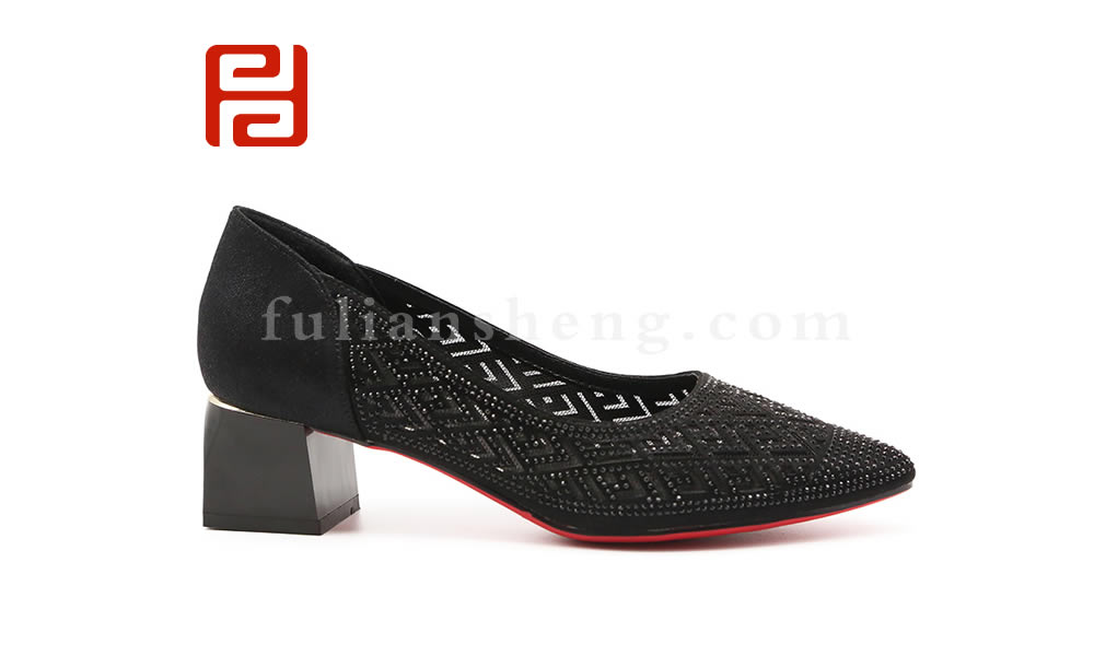 福連升夏新款高跟尖頭粗跟涼鞋透氣鏤空女鞋圖片