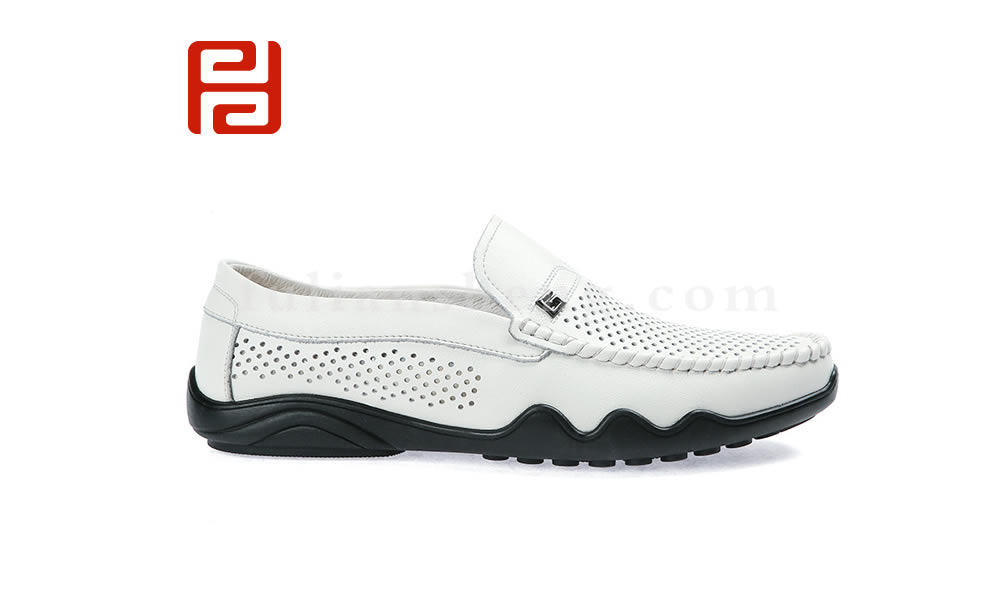 福連升牛皮一腳蹬休閑商務男鞋 沖孔透氣百搭懶人男鞋圖片